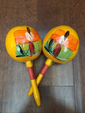 Vintage Hand-Painted Yellow Decorative Maracas - Bright Folk Art Pair